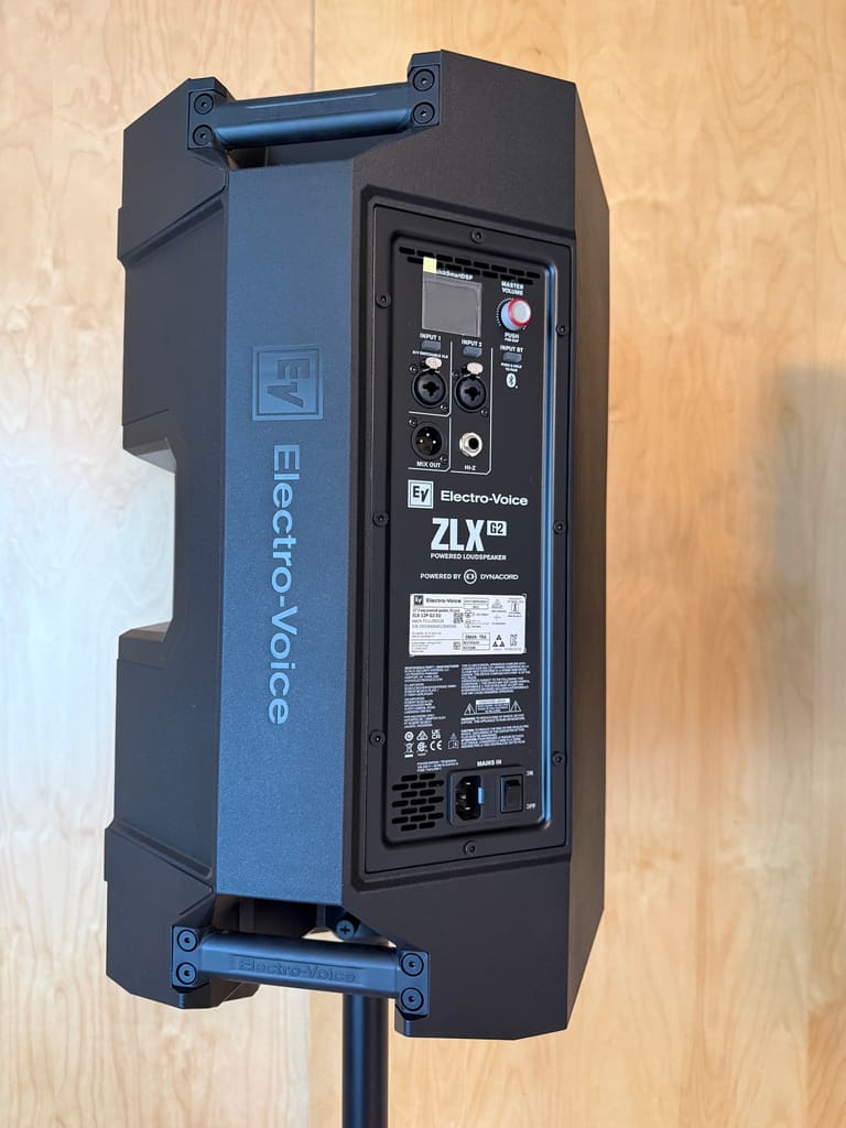 Rear panel of the Electro-Voice ZLX 12P G2 with XLR and jack inputs, mix out and Bluetooth